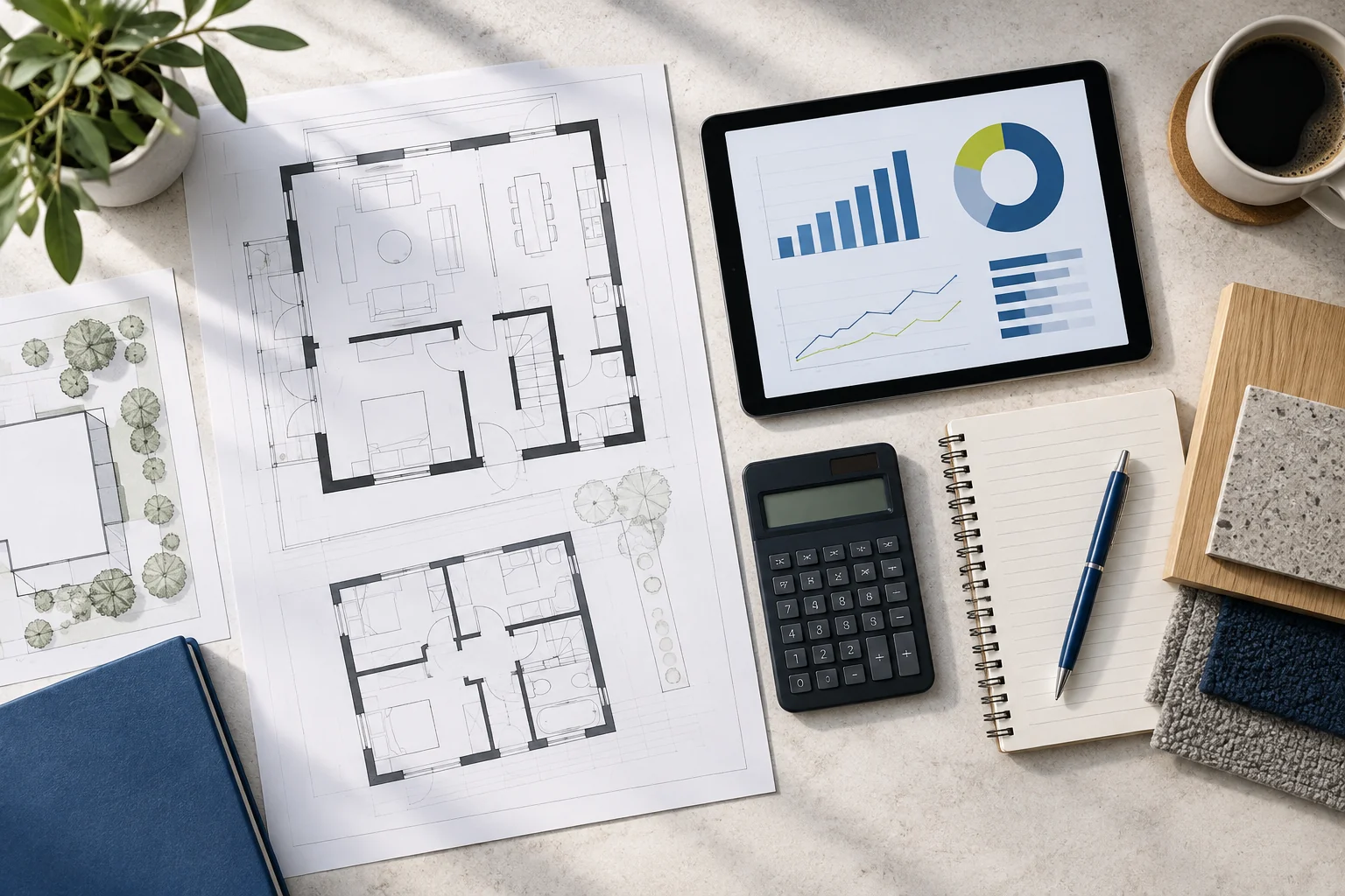 Property review desk with floor plans and analytical tools