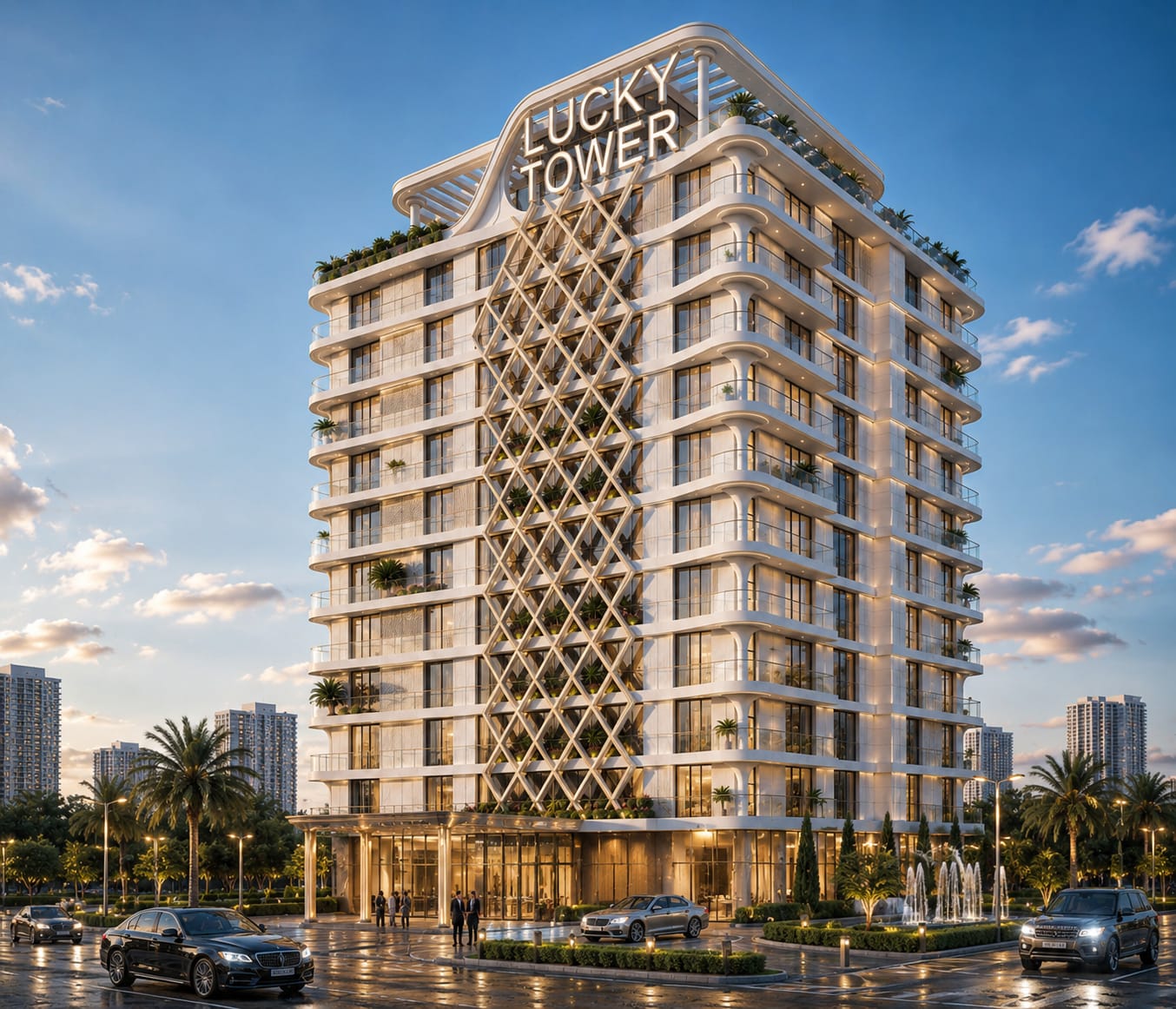 Lucky Tower architectural elevation with project signage