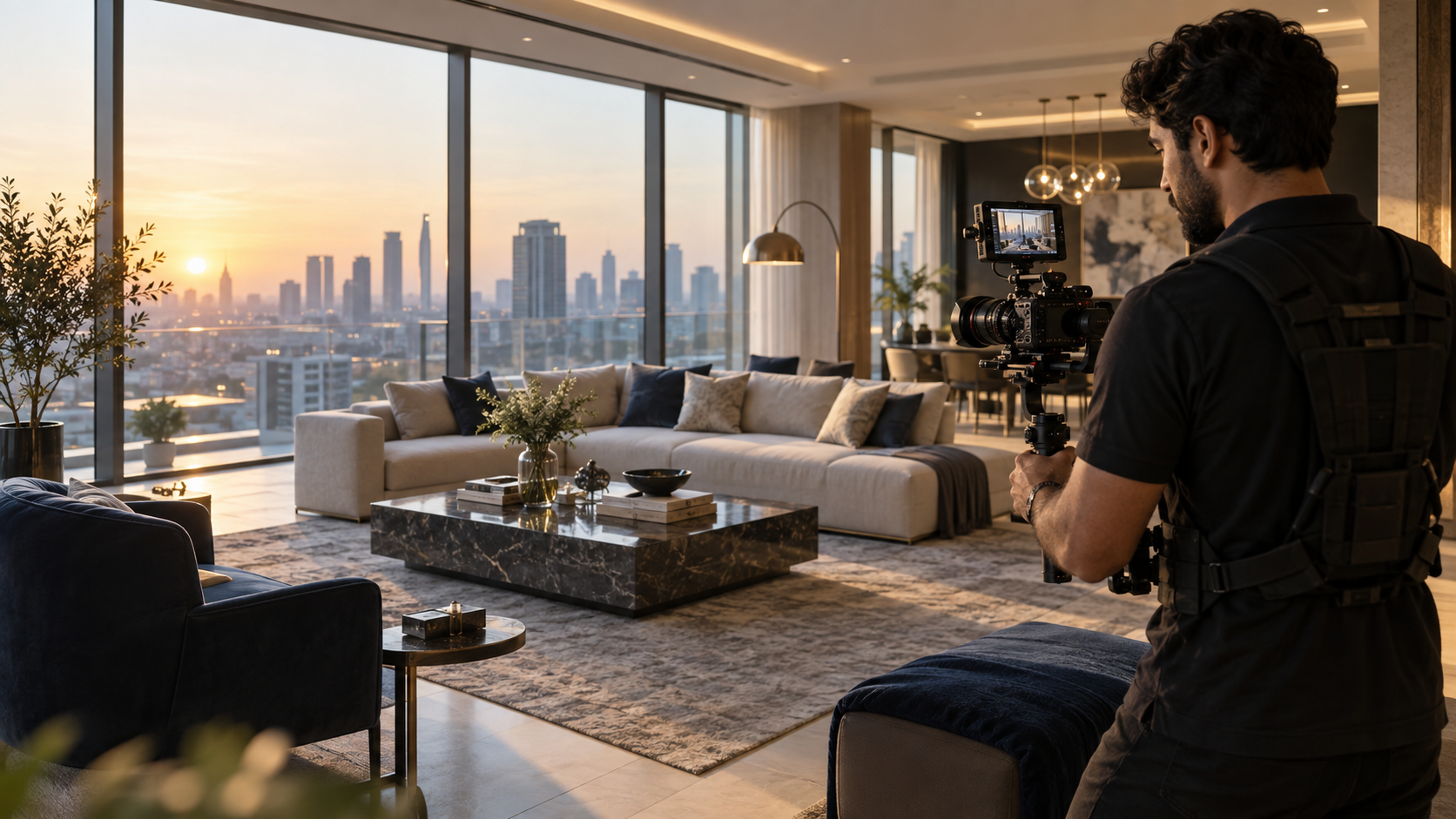 Professional videographer filming a premium apartment