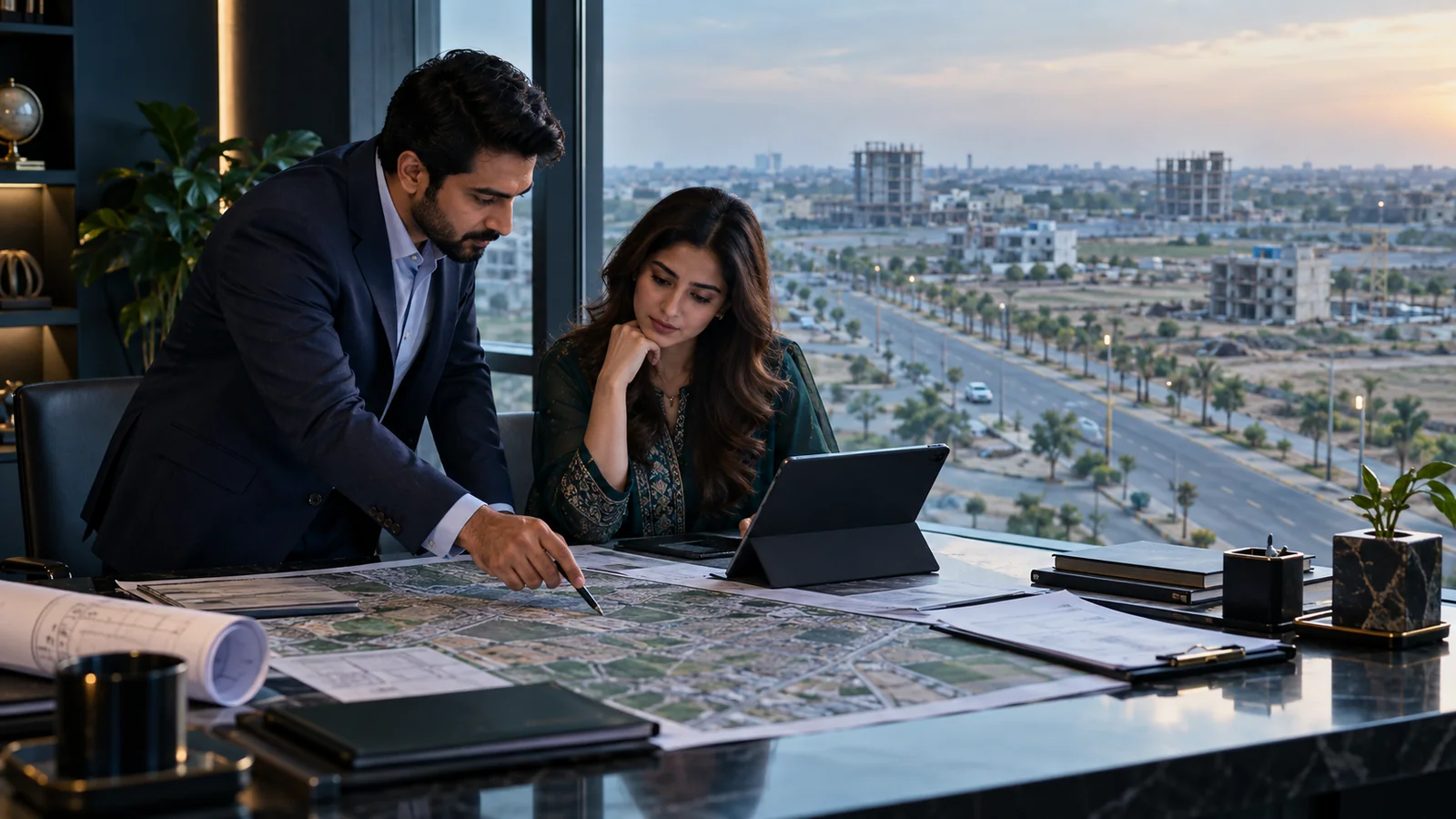 Property buyer and consultant checking Lahore maps and documents for a proposed housing project