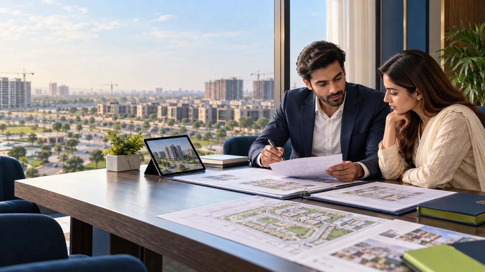Property buyers reviewing documents for a Lahore real estate project before booking