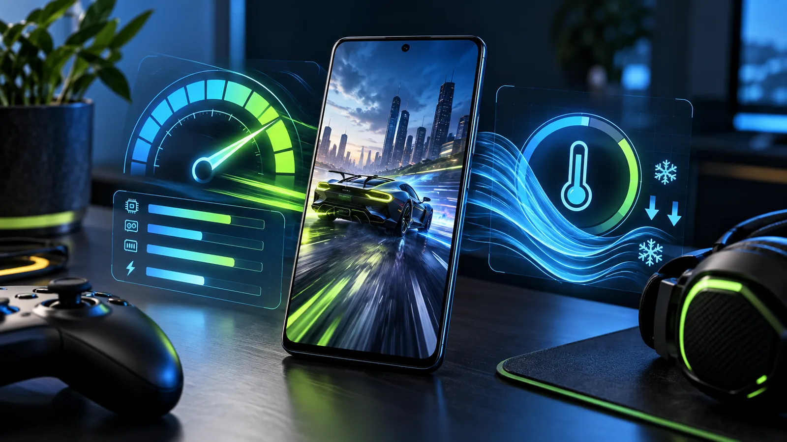 Android game performance dashboard with speed and temperature controls