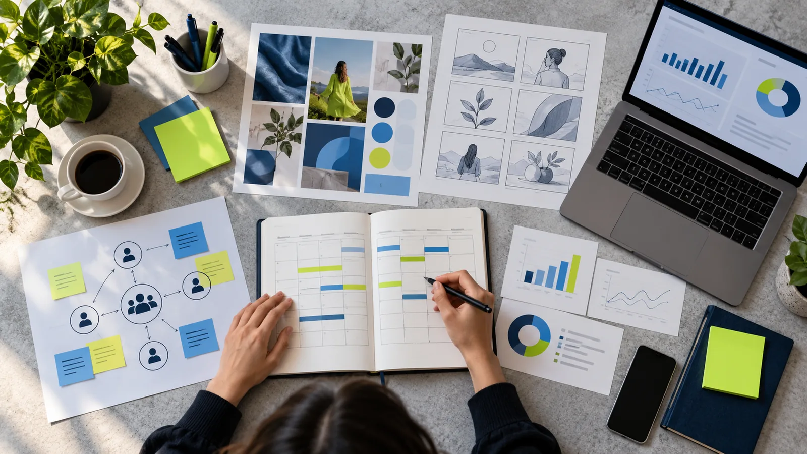 Content calendar, creative storyboard and campaign analytics workflow