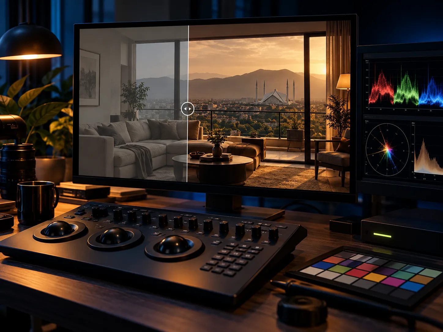 Colour grading studio showing a before-and-after apartment edit