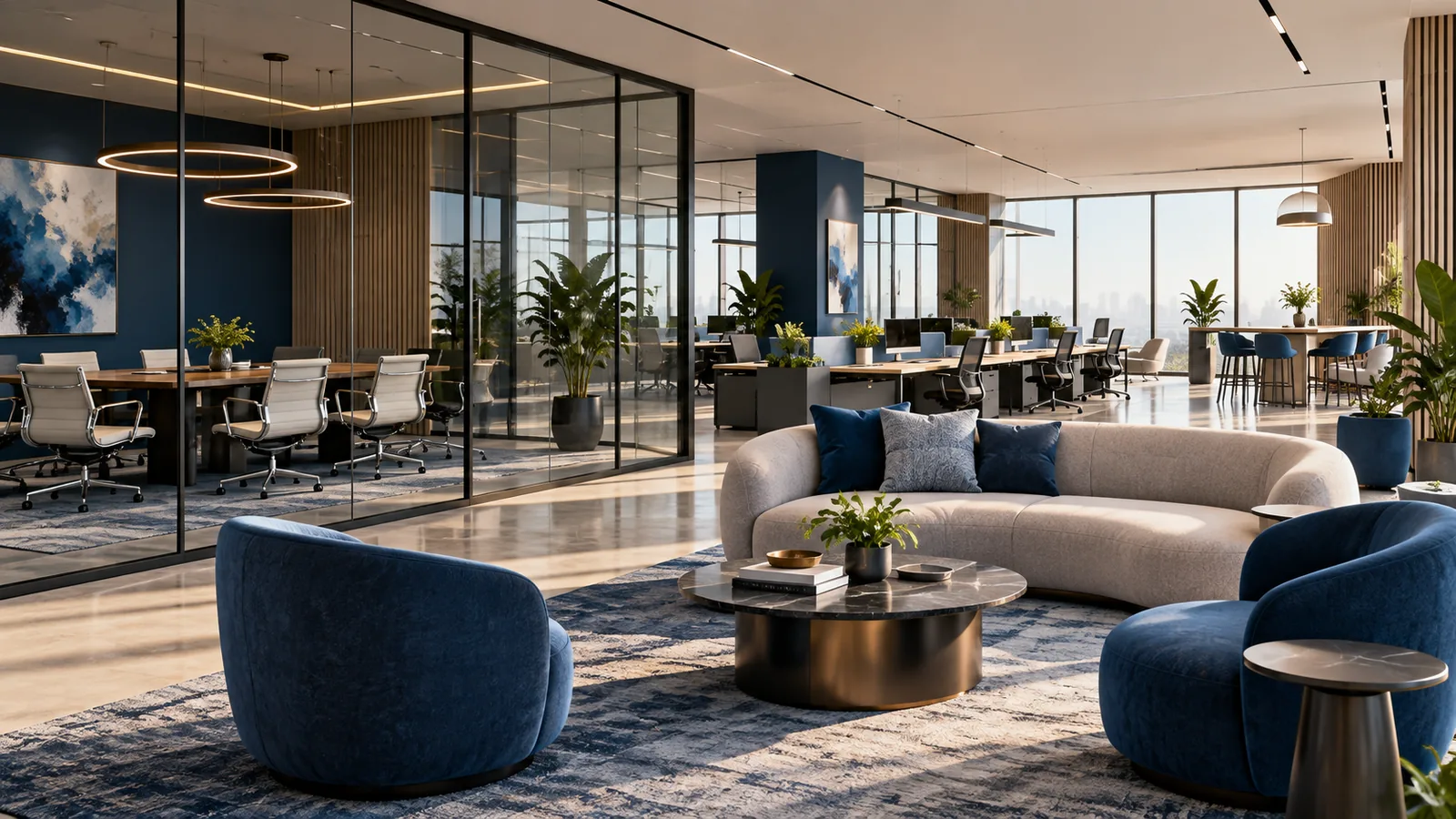 AI-generated corporate office and co-working interior concept