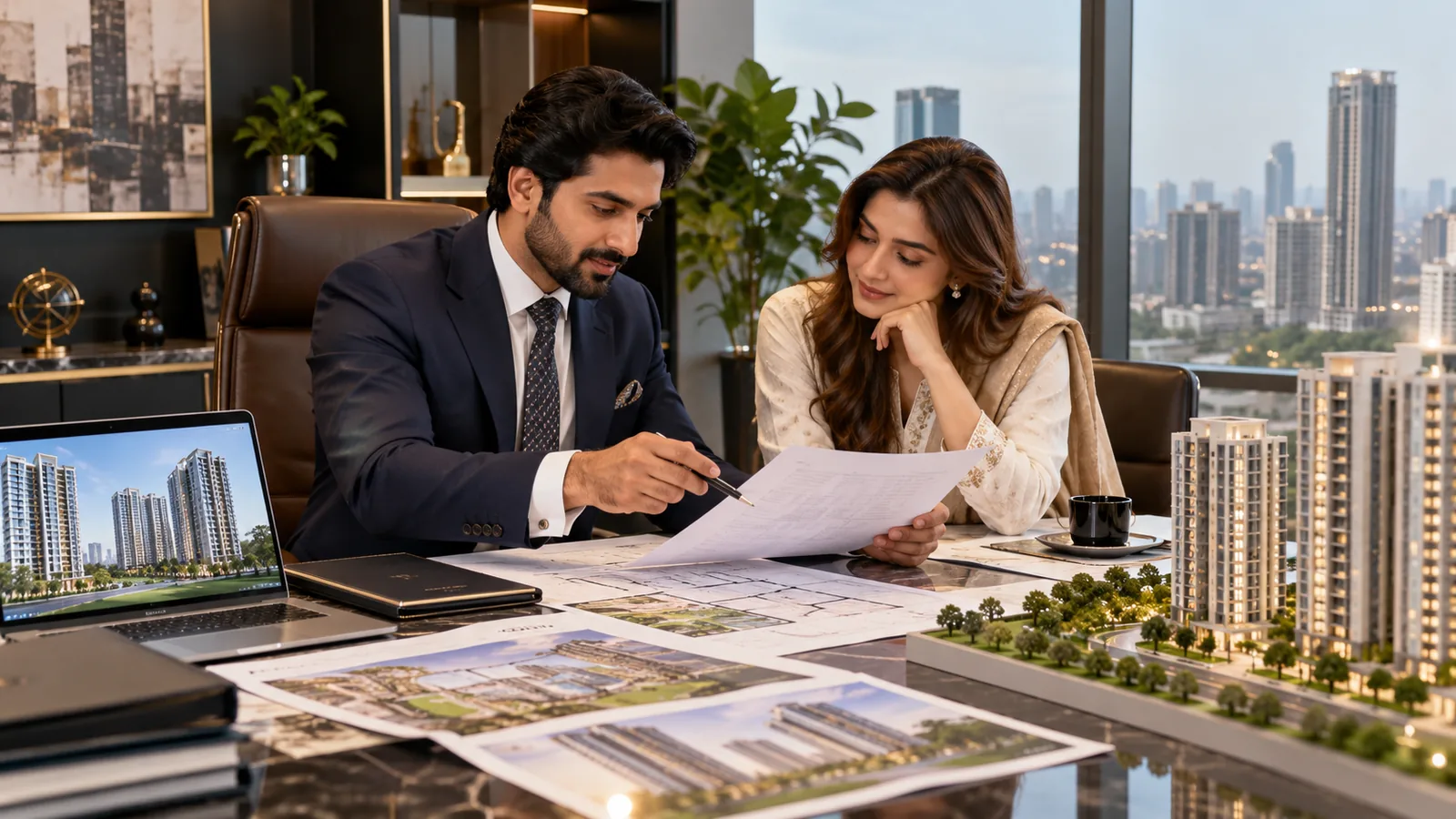 Property consultant helping a client compare high-rise investment options