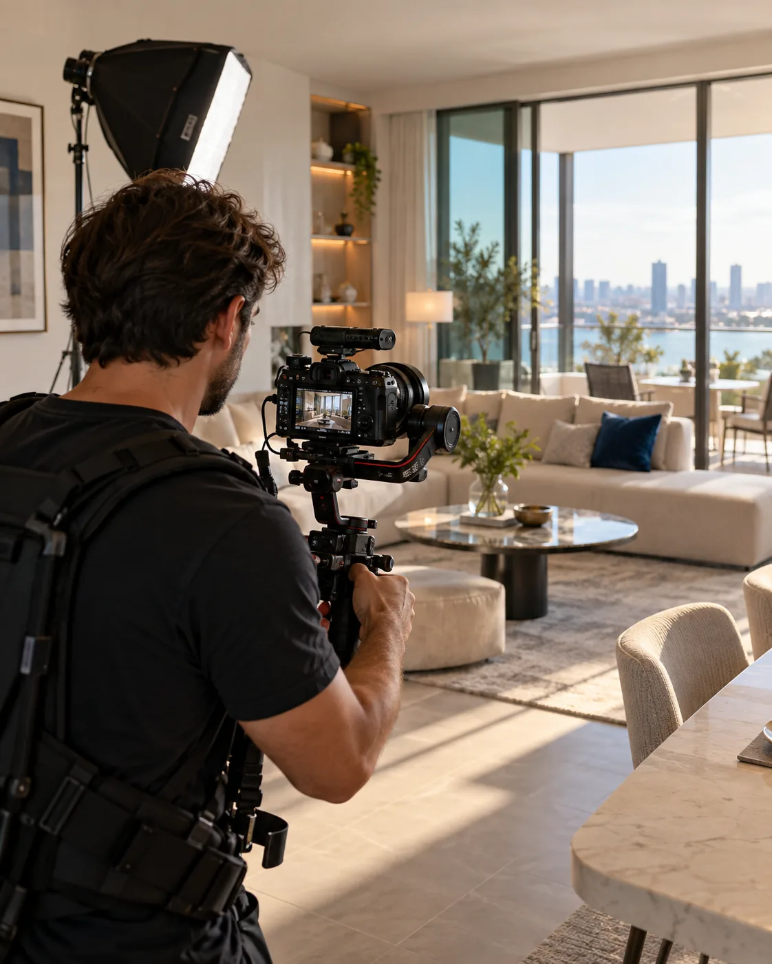 Camera operator filming a furnished property interior