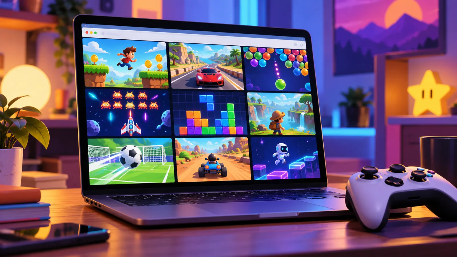 Original mini games running inside a laptop browser
